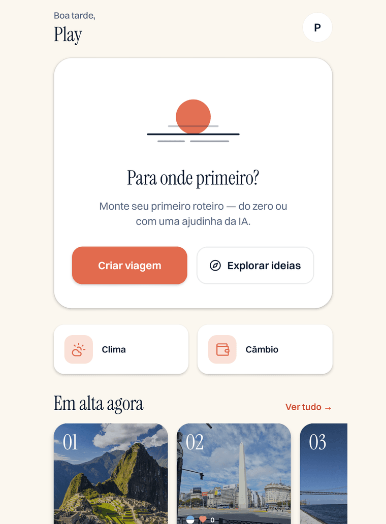 Tela inicial do app Viazee, com o botão de criar viagem e os destinos em alta